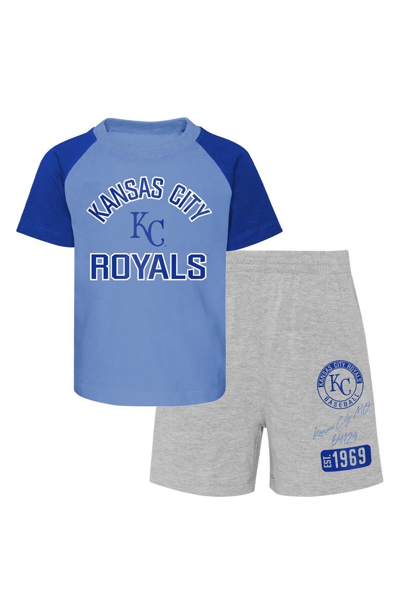 Outerstuff Infant Light Blue/Heather Gray Kansas City Royals Ground Out Baller Raglan T-Shirt and Shorts Set, Main, color, Light Blue