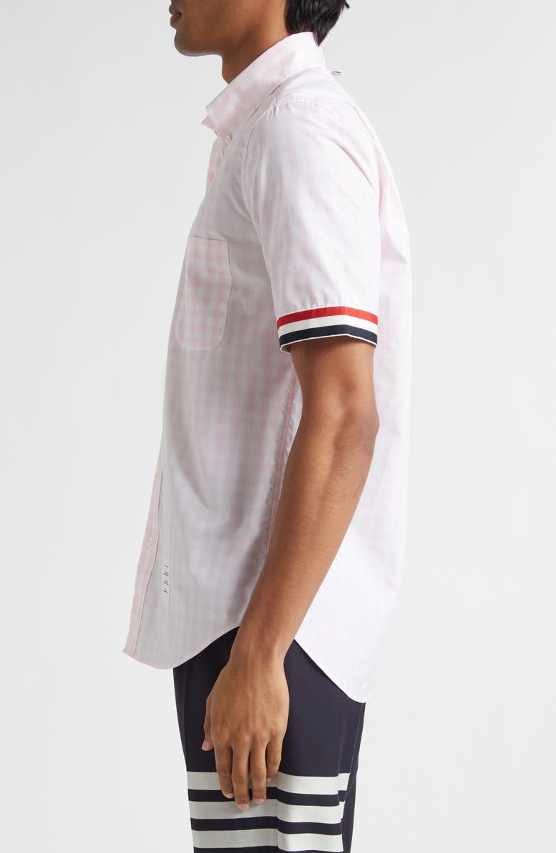 Thom Browne Straight Fit Gingham Plaid Short Sleeve Cotton Button-Down Shirt, Alternate, color, Light Pink