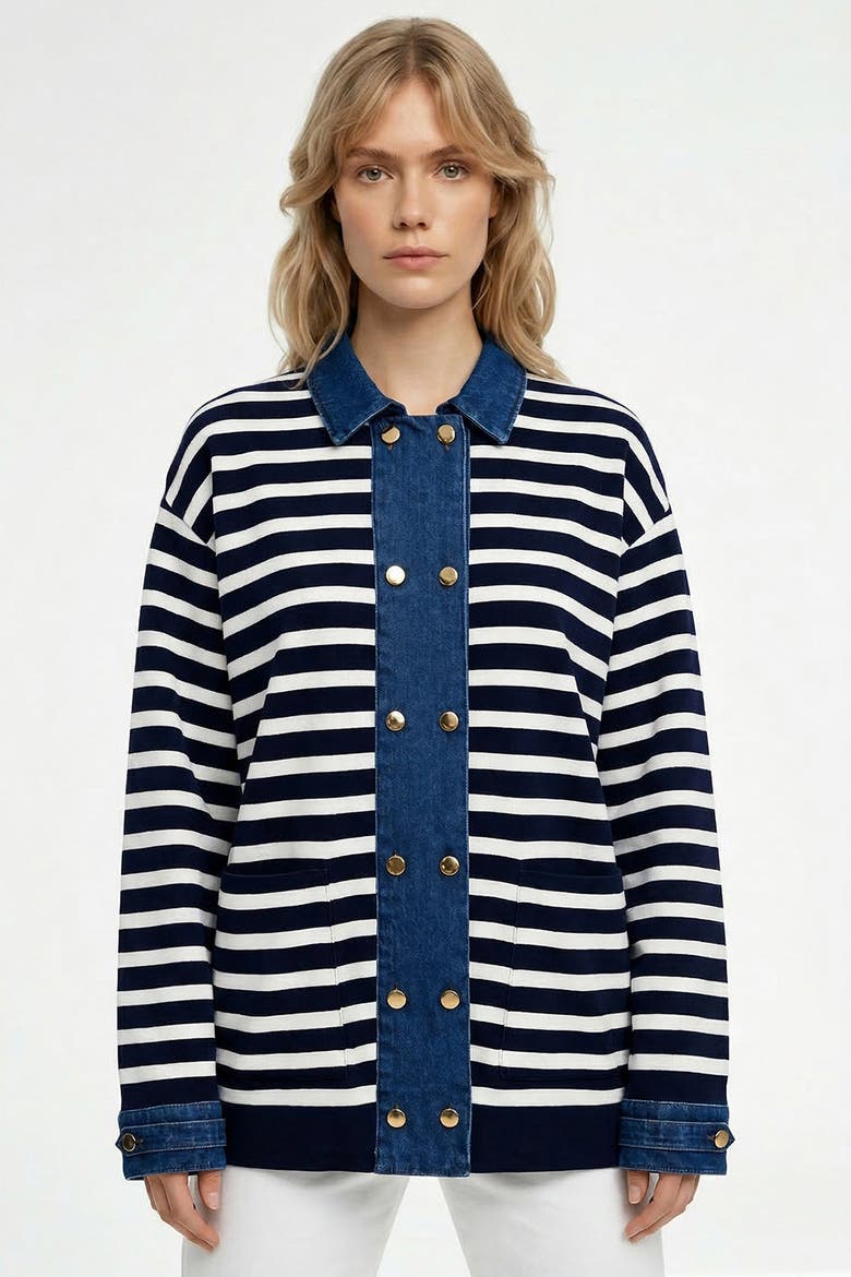Gaetan Long Sleeve Striped Knit Cardigan, Main, color, Navy