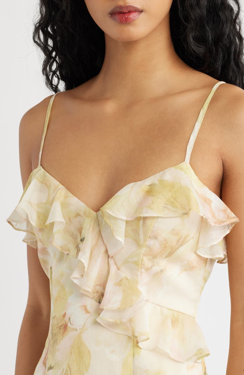 Lulus Tessia Ruffle Evening Dress, Alternate, color, Yellow Floral