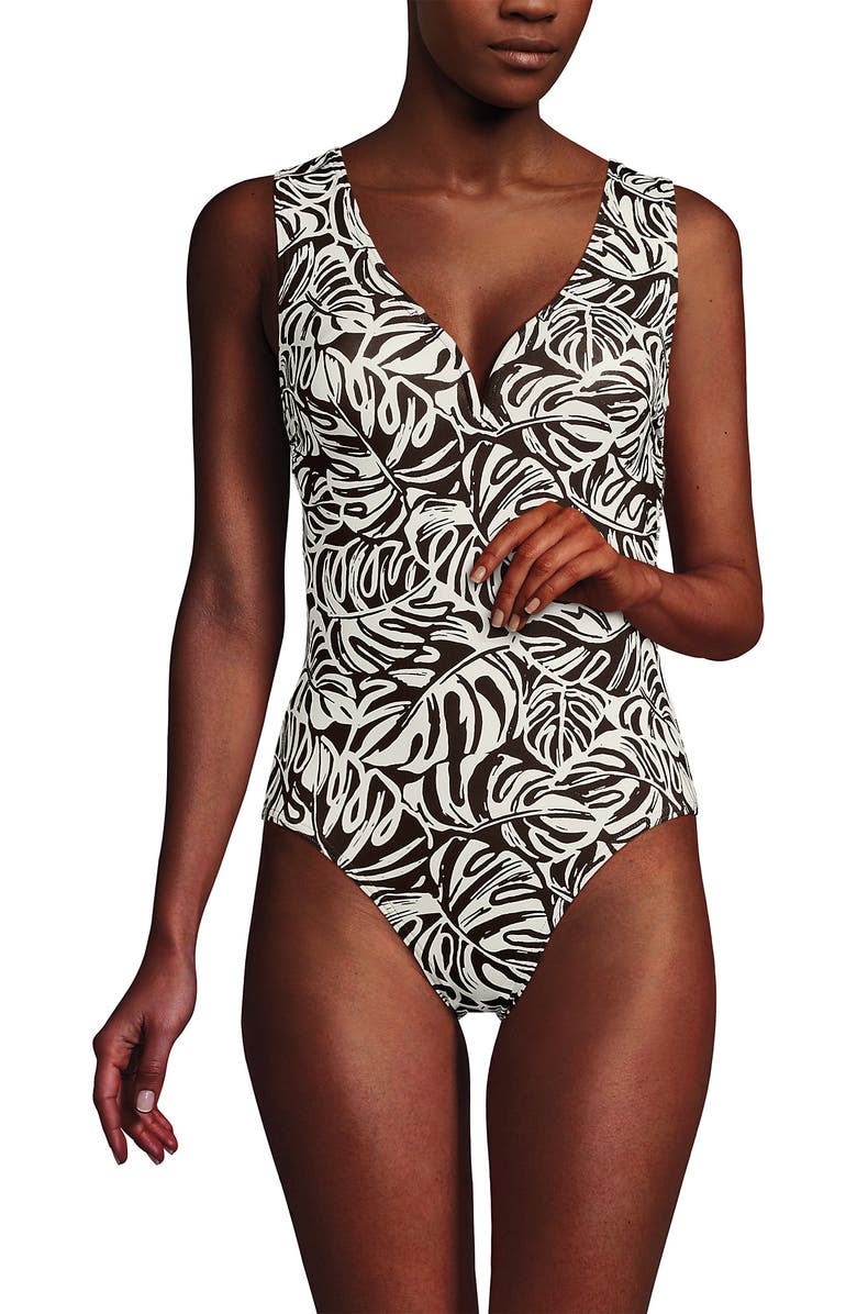 Lands' End Sculpting Suit Sweetheart V-Wire High Leg One Piece Swimsuit, Alternate, color, Brown Mini Tropic Leaves