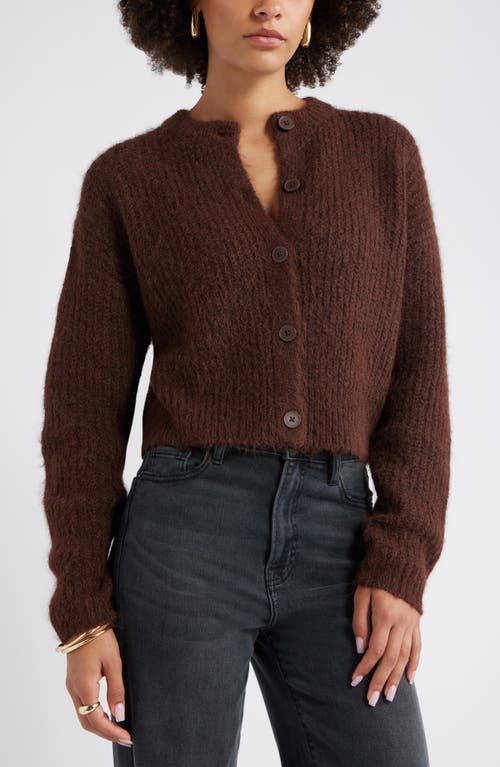 Open Edit Fuzzy Crewneck Cardigan In Brown