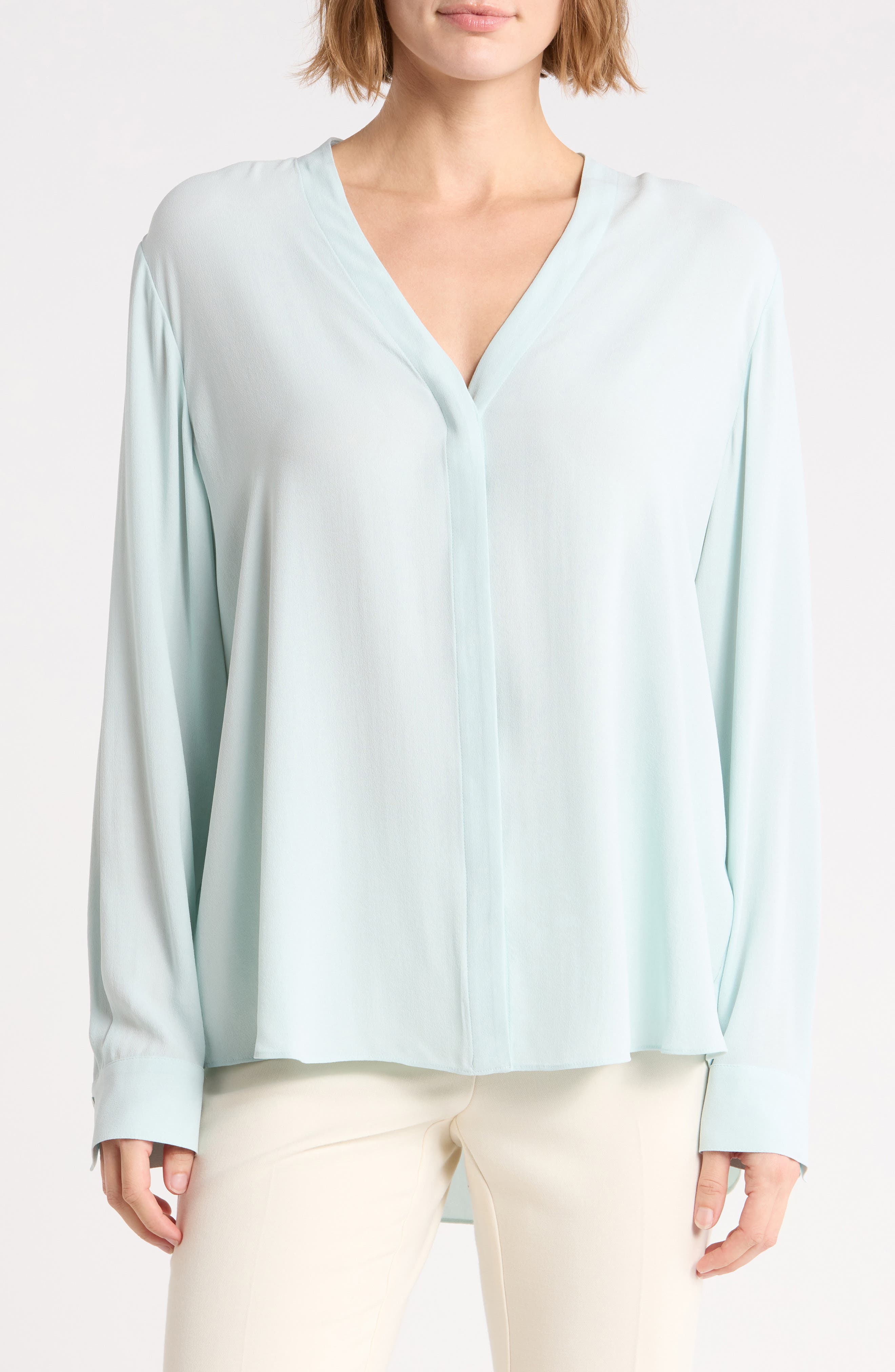 V-Neck Silk Button-Up Shirt