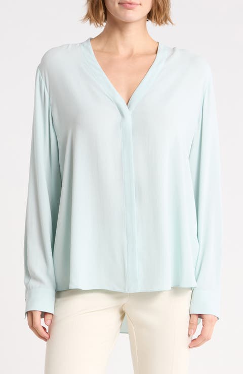 V-Neck Silk Button-Up Shirt