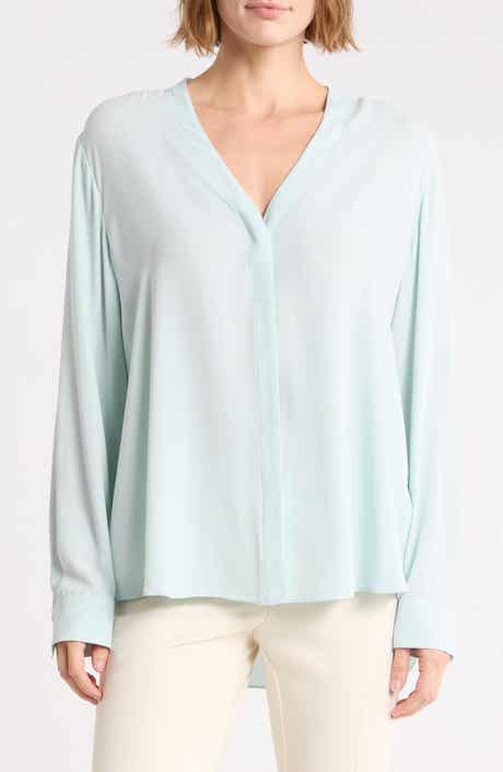 V-Neck Silk Button-Up Shirt