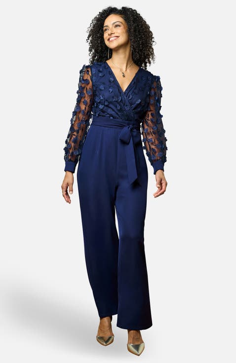 Sash Waist Floral Applique Wrap Jumpsuit