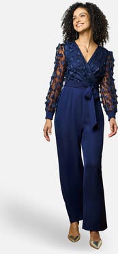 Yumi Sash Waist Floral Applique Wrap Jumpsuit