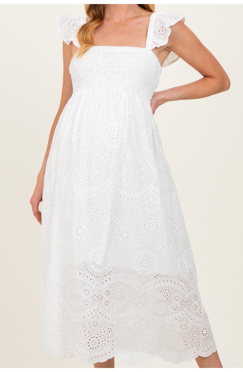 PinkBlush Embroidered Smocked Cutout Midi Dress, Alternate, color, White