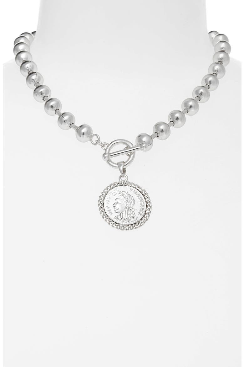 Beaded Coin Medallion Pendant Necklace, Alternate, color, SILVER
