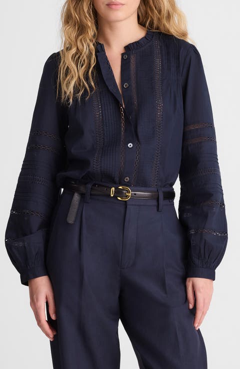 High Neck Lace Detail Pintuck Cotton Top