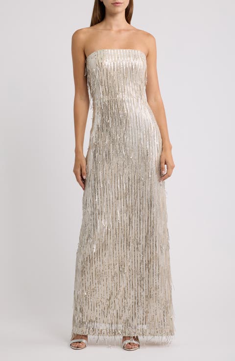 Fringe Sequin Strapless Gown