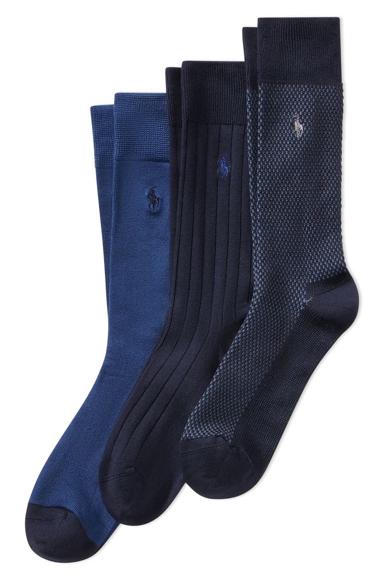 Assorted 3-Pack Bird's Eye Socks, Main, color, NAVY