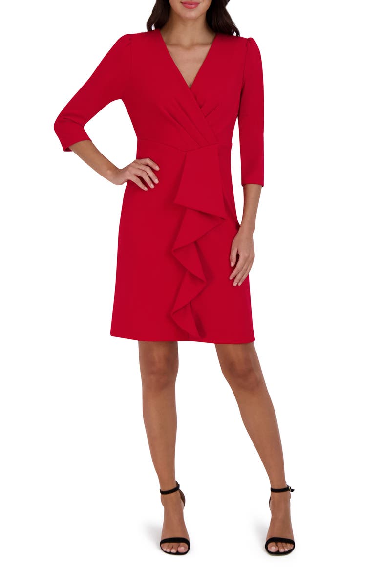 Cascade Ruffle Crepe Sheath Dress, Main, color, RED