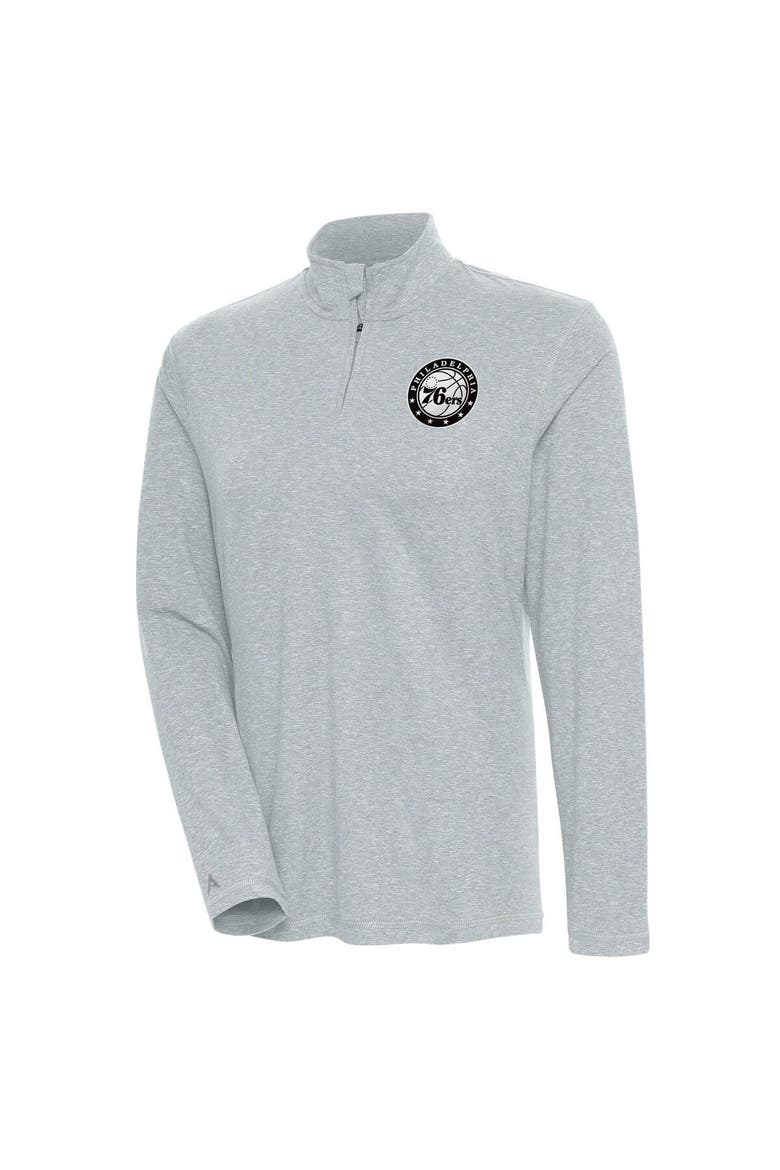 Women's Antigua  Heather Gray Philadelphia 76ers Metallic Logo Confront Quarter-Zip Pullover Top, Main, color, Heather Gray