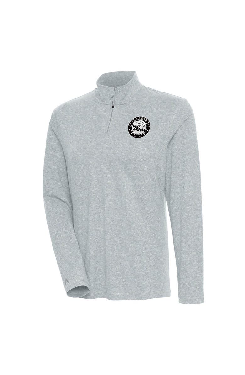 ANTIGUA Women's Antigua  Heather Gray Philadelphia 76ers Metallic Logo Confront Quarter-Zip Pullover Top, Main, color, 
