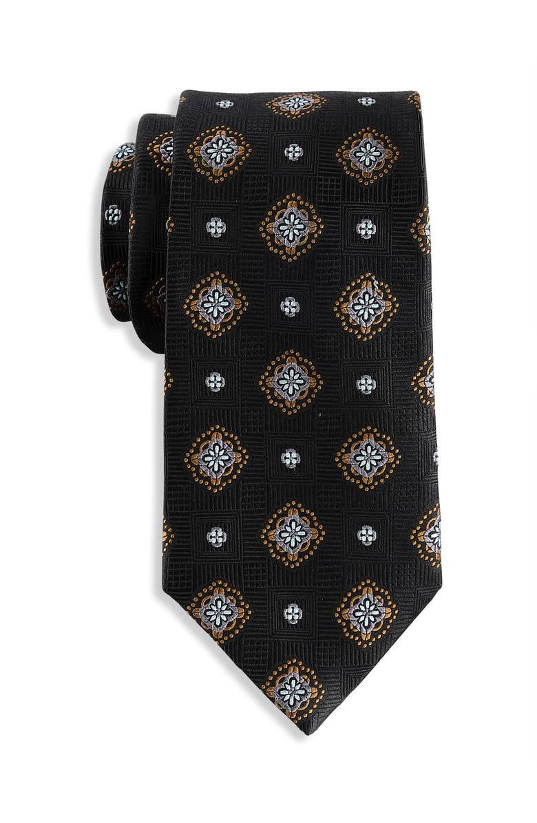 Oak Hill Premium by DXL Big & Tall Winter Medallion Silk Tie, Main, color, Black