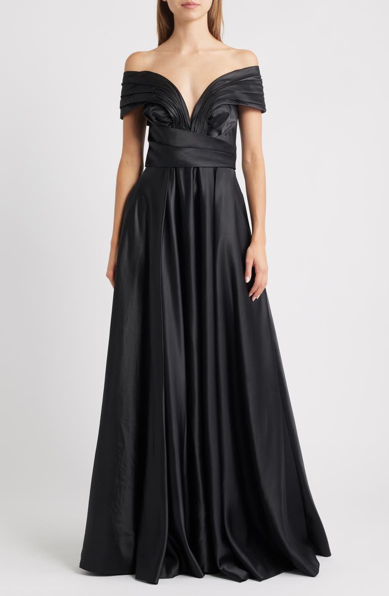 Sonya Moda Elara Plunge Neck Satin Gown, Main, color, Black