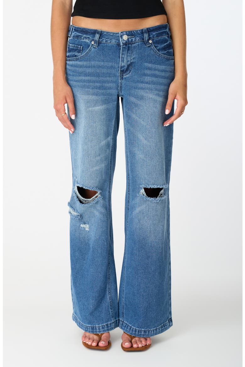 Ripped Low Rise Wide Leg Jeans, Main, color, MED/DARK WASH