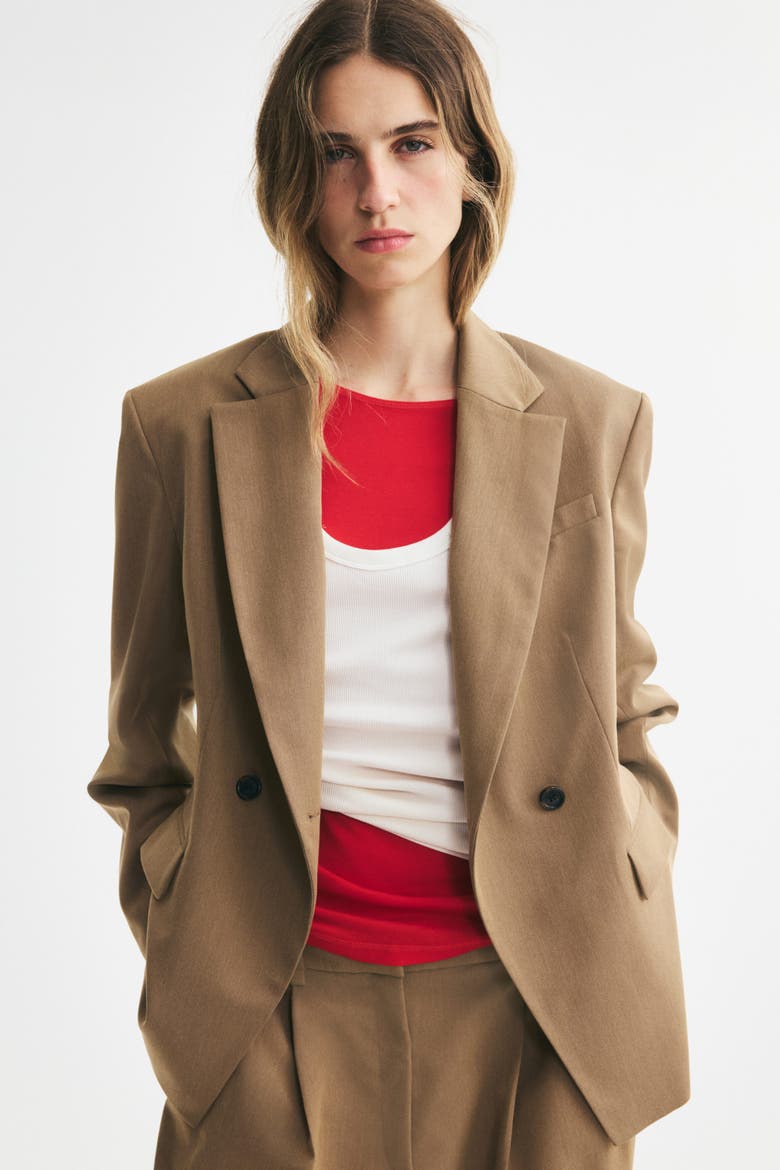 Defined-Waist Double-Breasted Blazer, Alternate, color, Dark beige