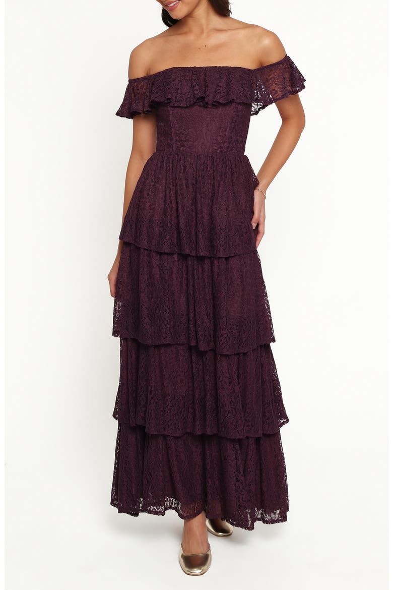 Miravelle Off the Shoulder Lace Maxi Dress, Main, color, PLUM LACE