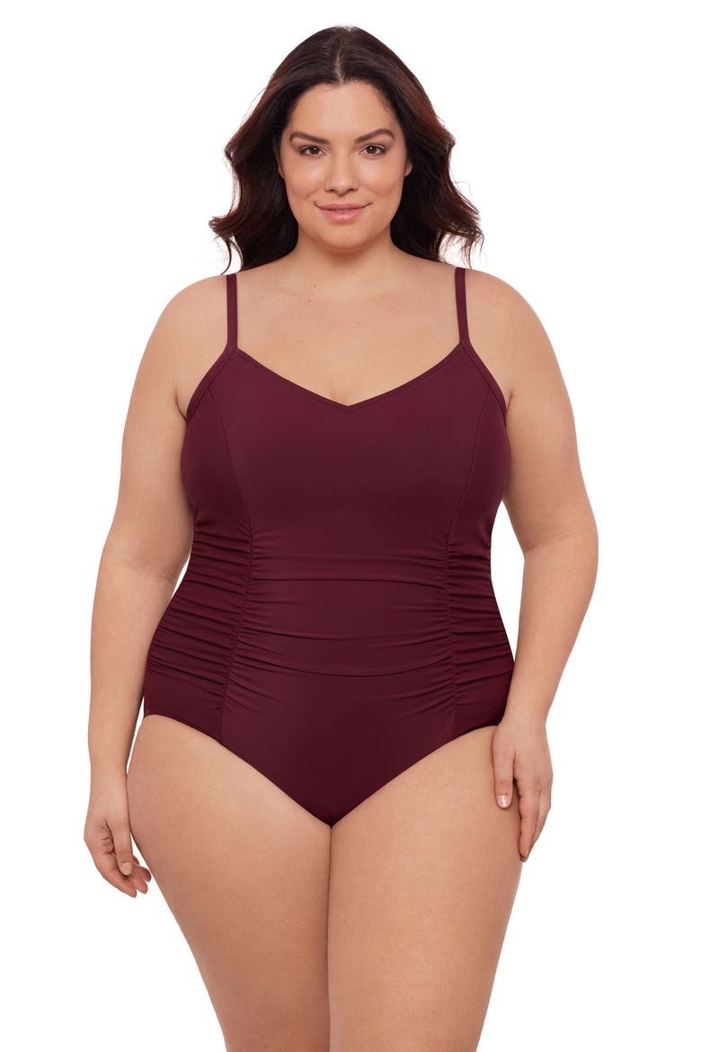 Plus Size Princess Seam V-Neck Side Shirred Adjustable One-Piece Swimsuit, Main, color, Currant