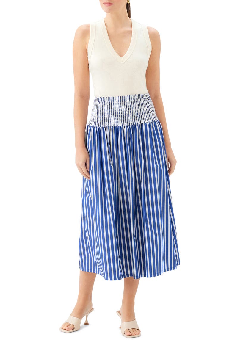 Rhea Smocked Waist Stripe Midi Skirt, Main, color, INDIGO