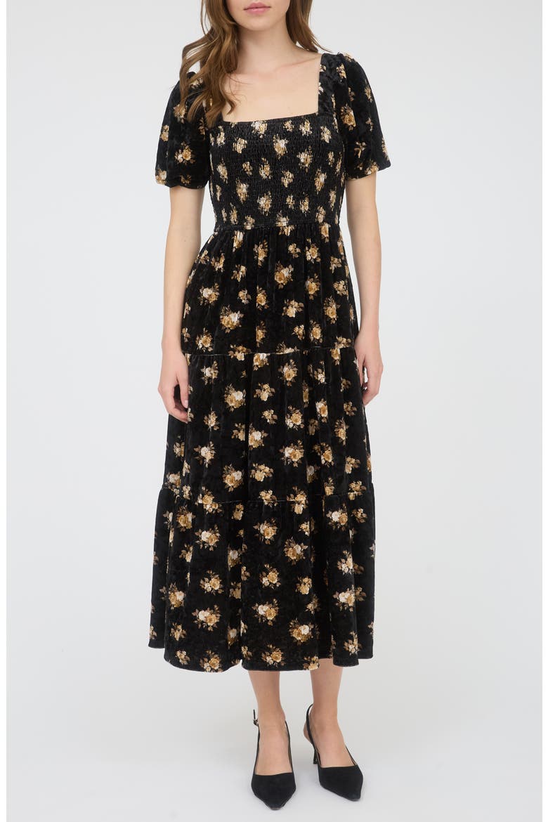 Puff Sleeve Midi Dress, Main, color, BLACK MULTI