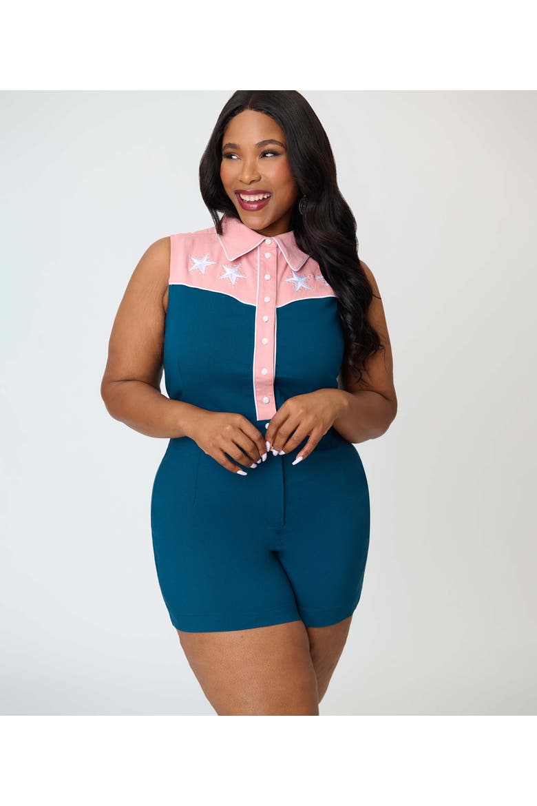 Plus Size Rodeo Ready Romper, Main, color, Green & Pink w/ Embroidery