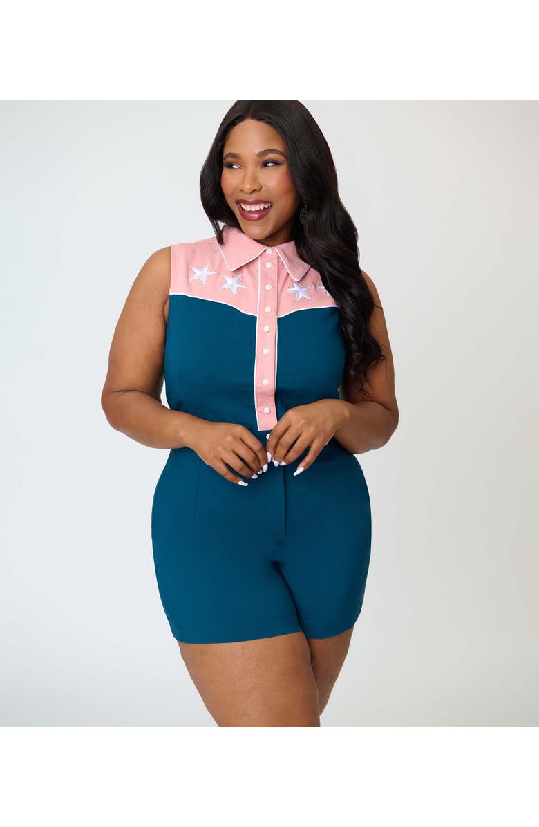 Unique Vintage Plus Size Rodeo Ready Romper, Main, color, Green & Pink W/ Embroidery