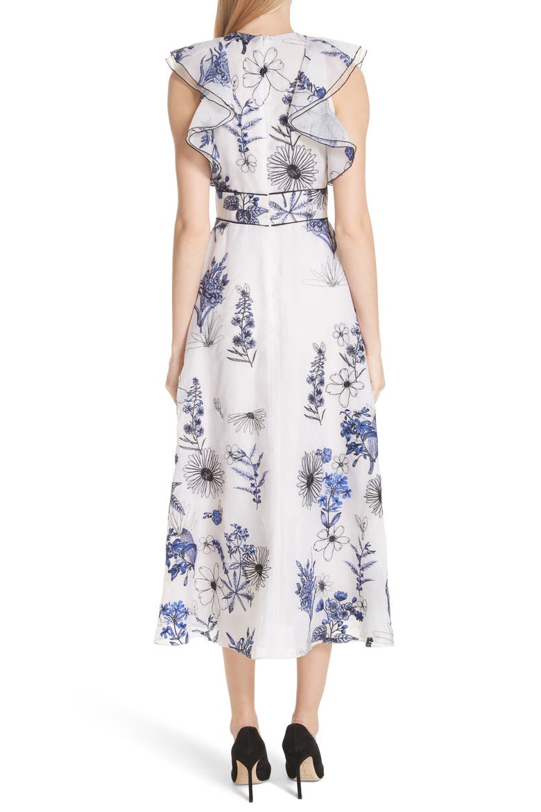 Embroidered Silk Ruffle Midi Dress, Alternate, color, IVORY / COBALT