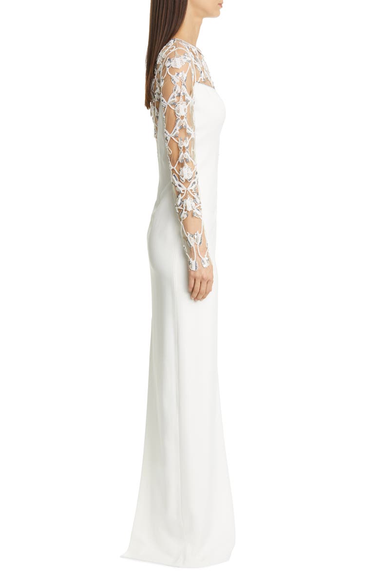 Pamella Roland Embellished Tulle Long Sleeve Crepe Column Gown, Alternate, color, 