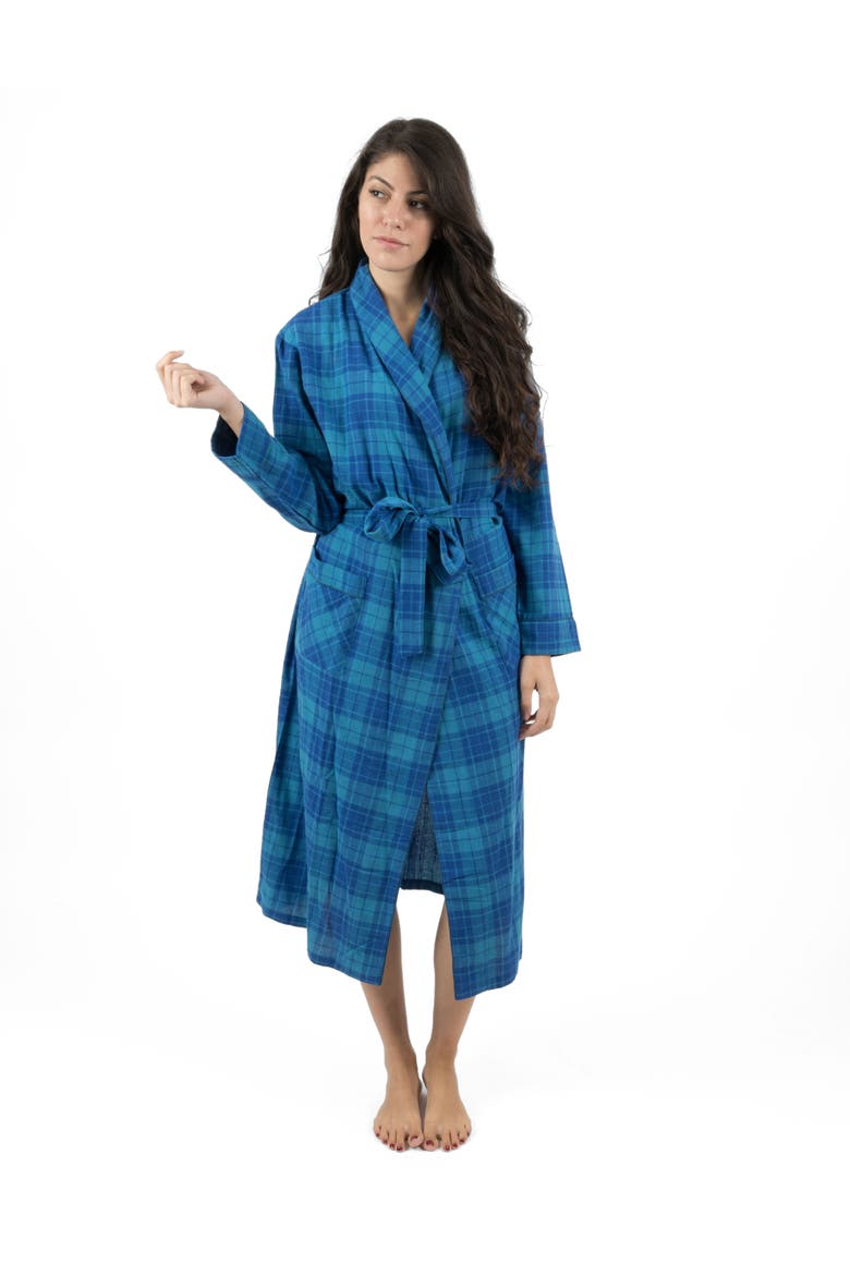 Women's Flannel Robe, 100% Cotton, Alternate, color, Plaid Blue & Navy