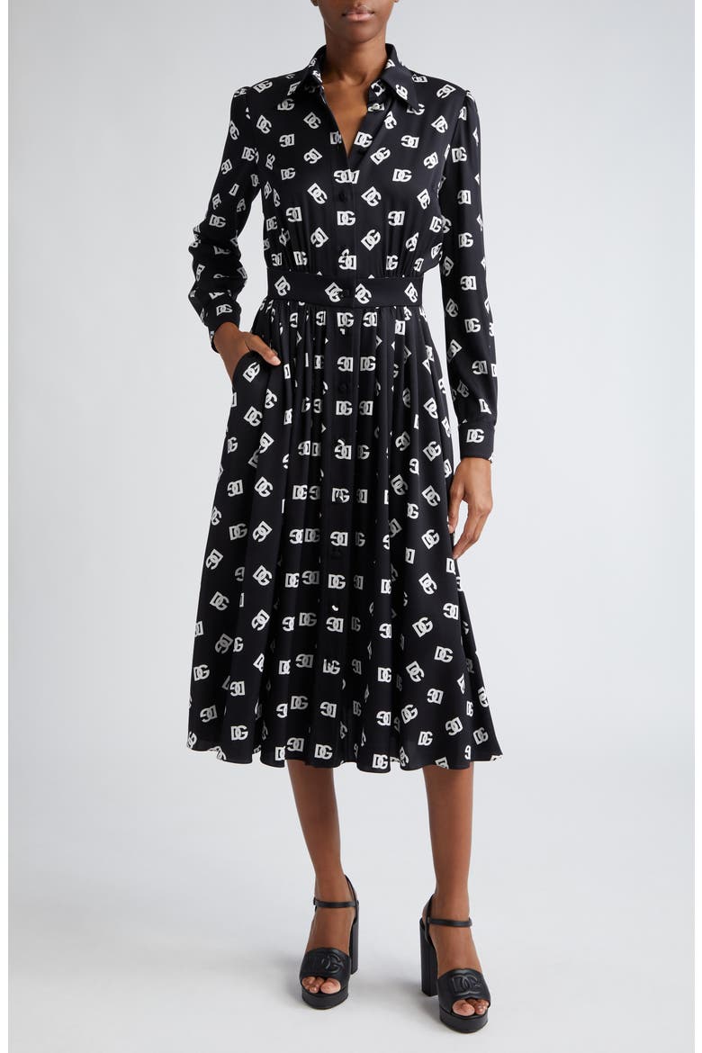 Pleated Monogram Logo Long Sleeve Stretch Silk Charmeuse Midi Dress, Main, color, BLACK