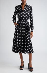 Dolce&Gabbana Pleated Monogram Logo Long Sleeve Stretch Silk Charmeuse Midi Dress