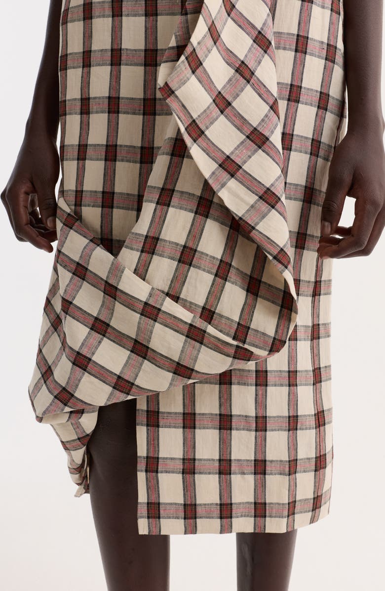 Róhe Check Draped Linen Skirt, Alternate, color, Red Table Check