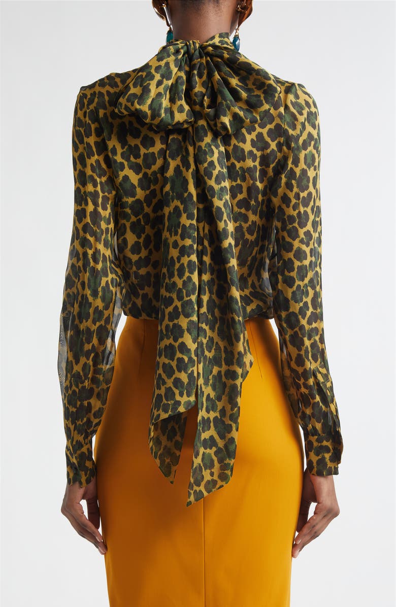 Saint Laurent Leopard Print Silk Top, Alternate, color, Ocre/ Vert