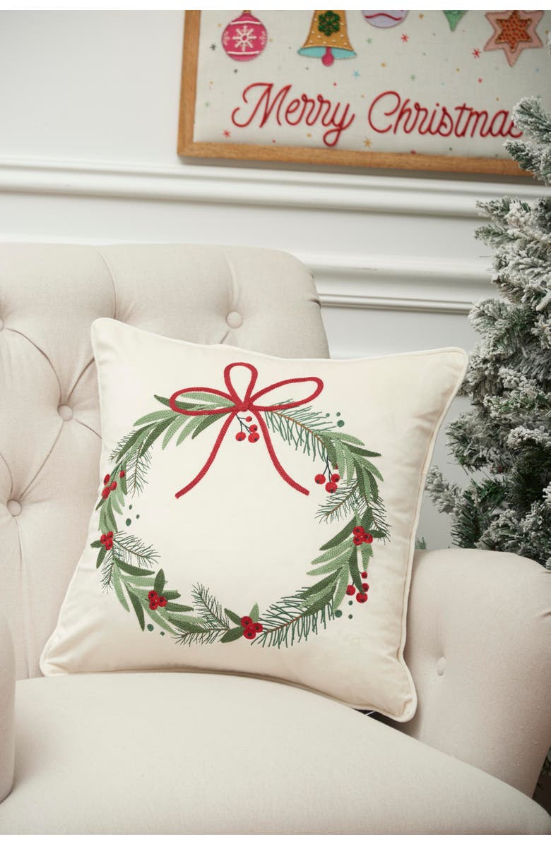 C&F Home Red Bow Christmas Wreath Accent Throw Pillow 18" x 18", Alternate, color, Green