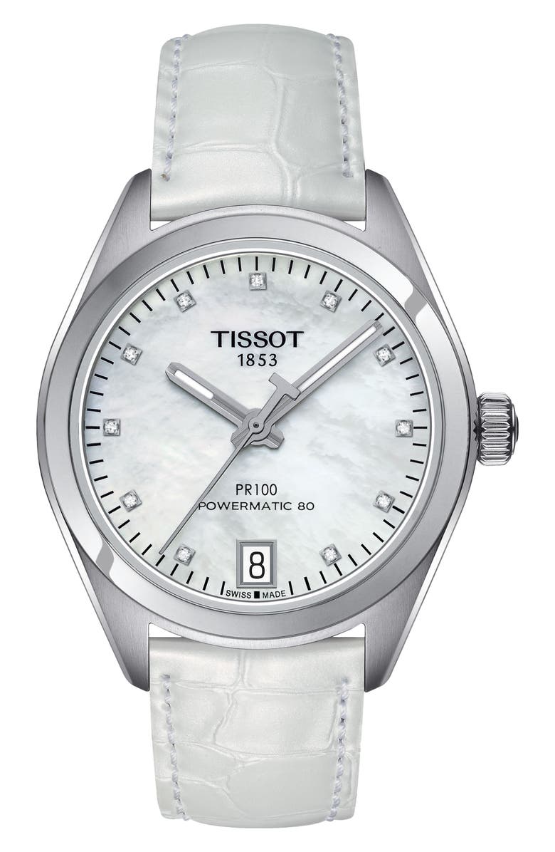 Tissot Men's PR 100 Auto Classic Croc Embossed Leather Strap Watch, 33mm, Main, color, 