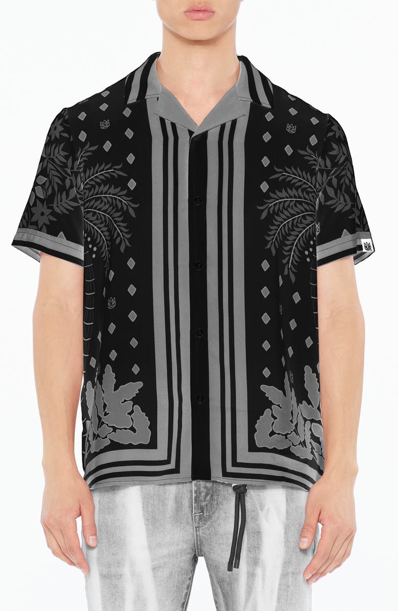 Cult of Individuality Border Print Short Sleeve Cotton Button-Up Shirt, Main, color, Black Retro