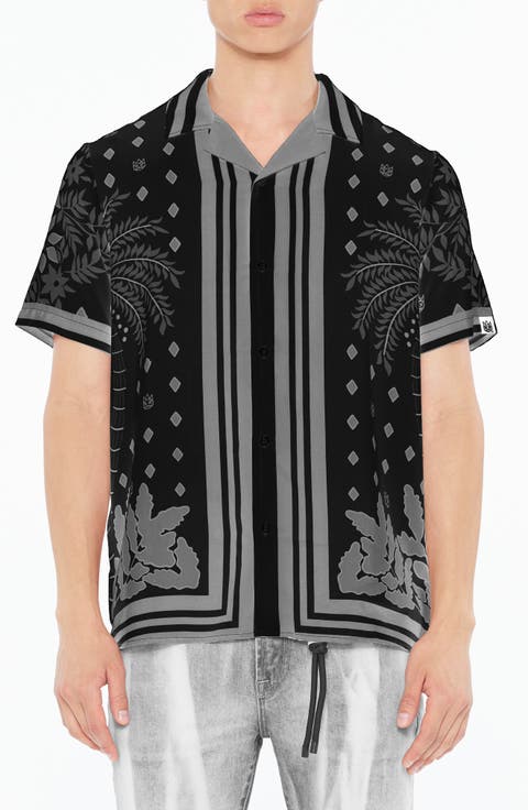 Border Print Short Sleeve Cotton Button-Up Shirt