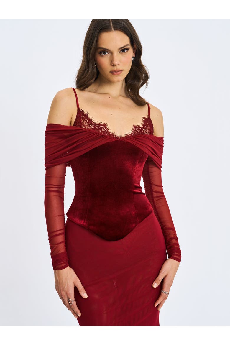 Maybelle Bardot Lace Strap Peplum Maxi Dress, Alternate, color, Magenta