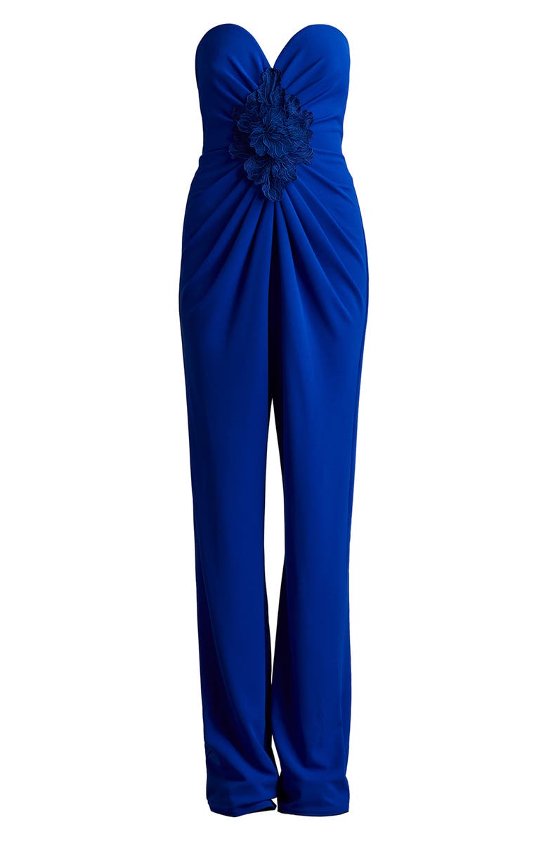 Tadashi Shoji Embroidered Flower Detail Strapless Jumpsuit, Alternate, color, Blue Bell