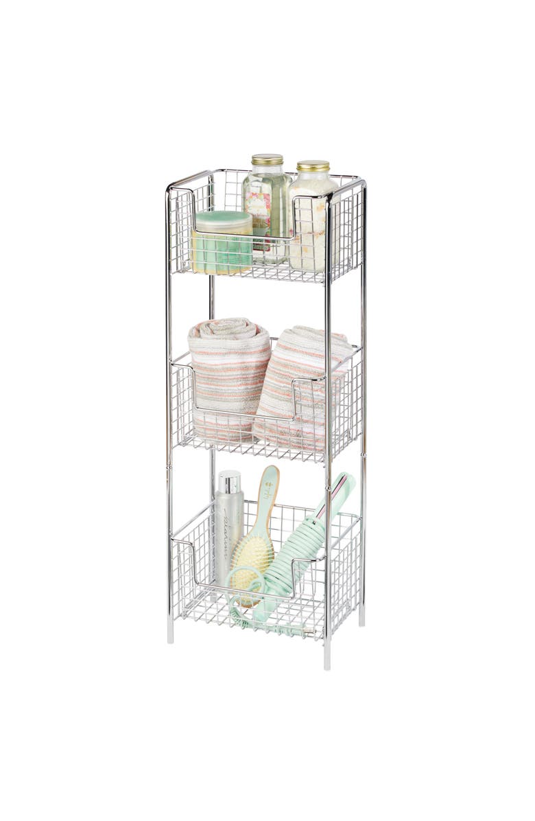 mDesign Steel Freestanding 3-Tier Storage Organizer Tower with Baskets - Chrome, Alternate, color, Chrome