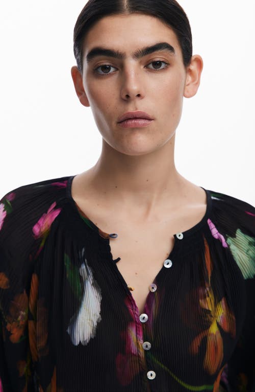 Desigual Floral Flowly Button Blouse In Black W/flowers In Black