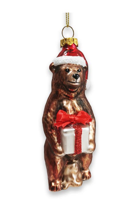 Grizzly Bear Santa Hat And Gift Glass Ornament