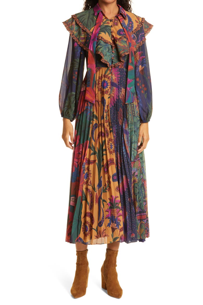 Mixed Prints Pleated Long Sleeve Midi Dress, Main, color, MULTI
