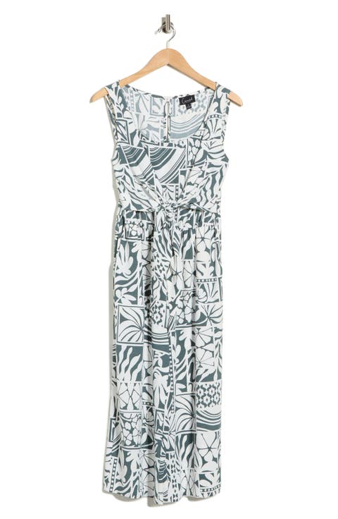 Printed Sleeveless Tie Front Capri Jumpsuit