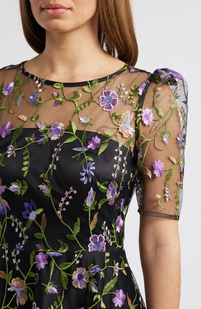 Embroidered Illusion Neck Cocktail Midi Dress