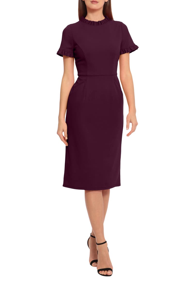 Ruffle Short Sleeve Pocket Sheath Dress, Main, color, LUXE PLUM
