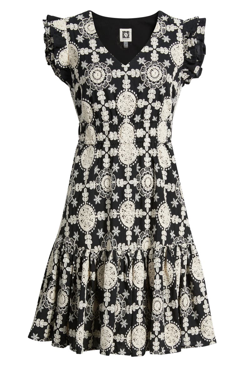 Ruffle V-Neck Cotton Dress, Alternate, color, ANNE BLACK/ IVORY